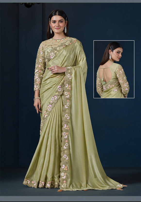Olive Green Crepe Silk Saree Main image