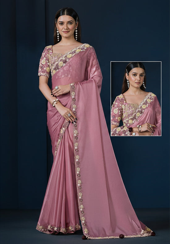 Mauve Crepe Satin Silk Saree