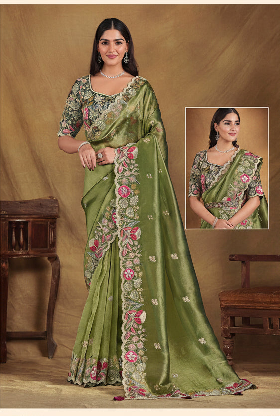 Moss Green Glass Tissue Saree