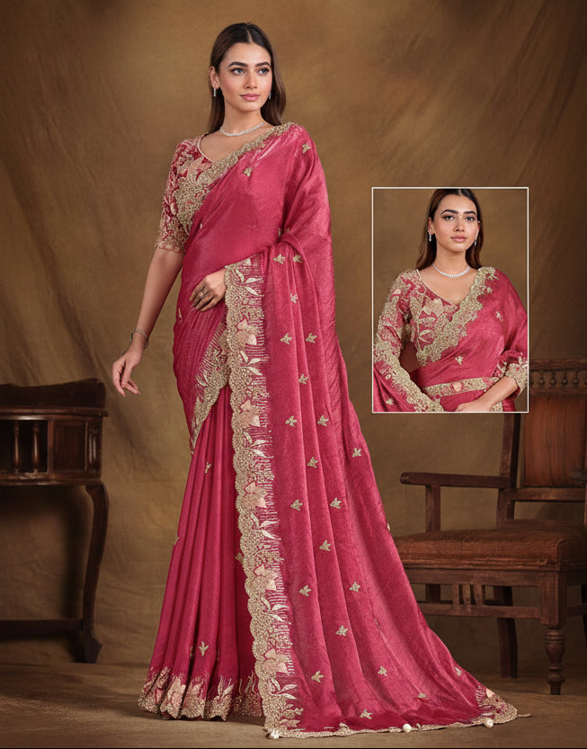 Deep Pink Two-Tone Satin Silk Saree Main image