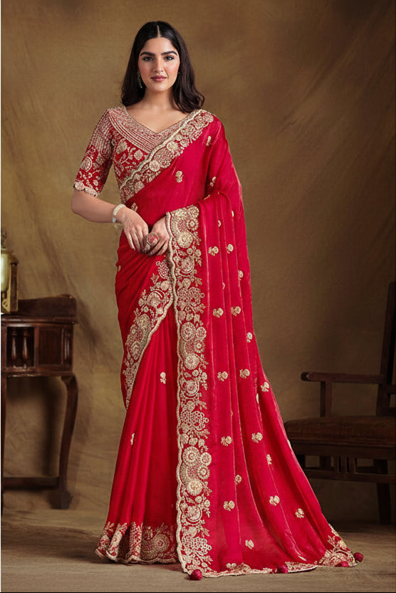 Radiant Red Two-Tone Satin Silk Saree Main image