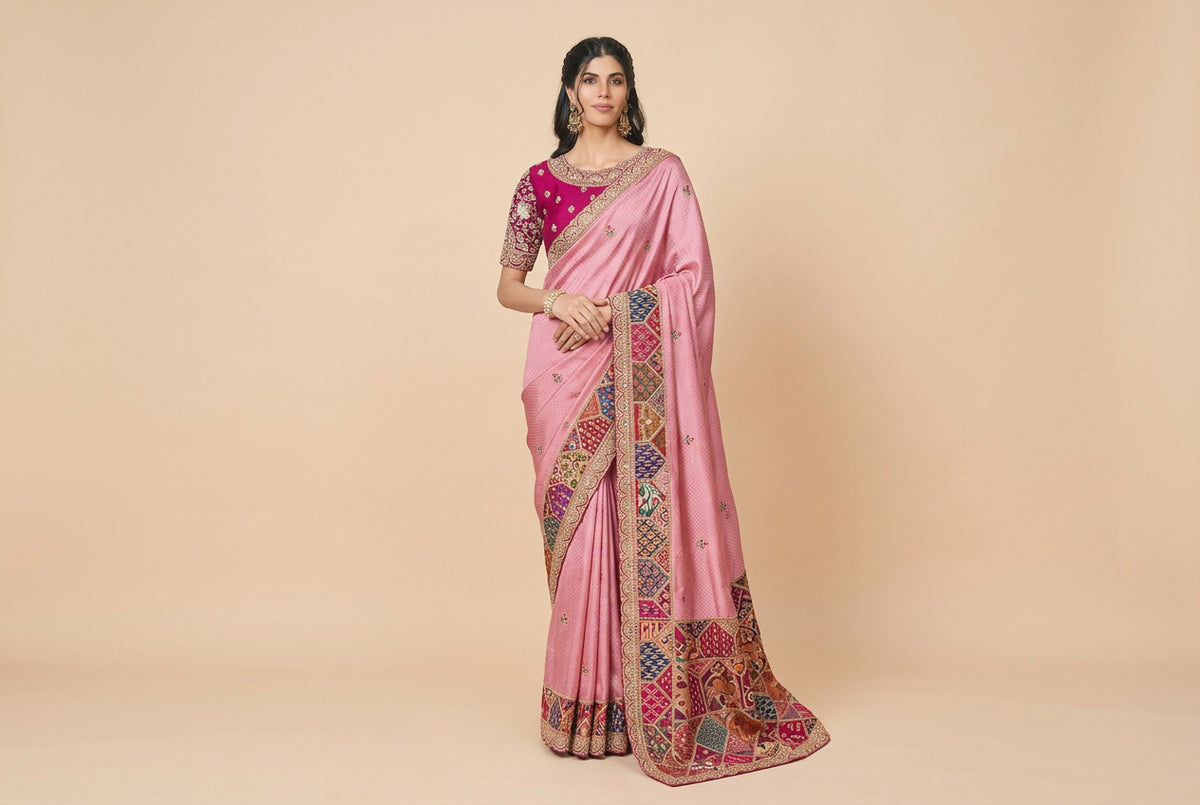 Rani Pink Gajji Silk Patola Saree Main image