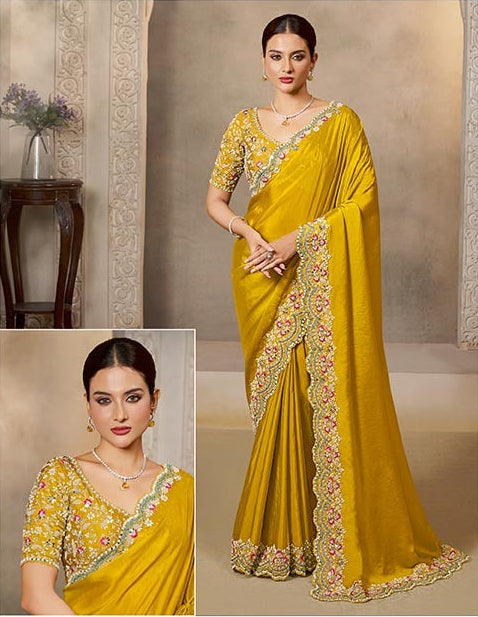 Mustard soft satin silk saree