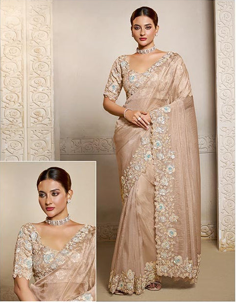 Organza Crush Beige saree Main image