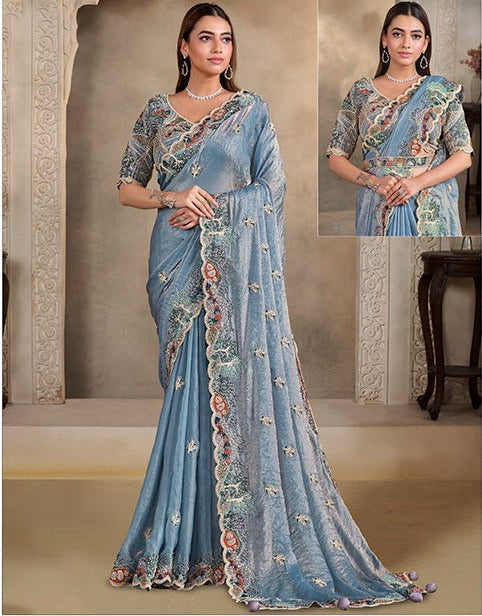 Blue Dusty Satin silk saree