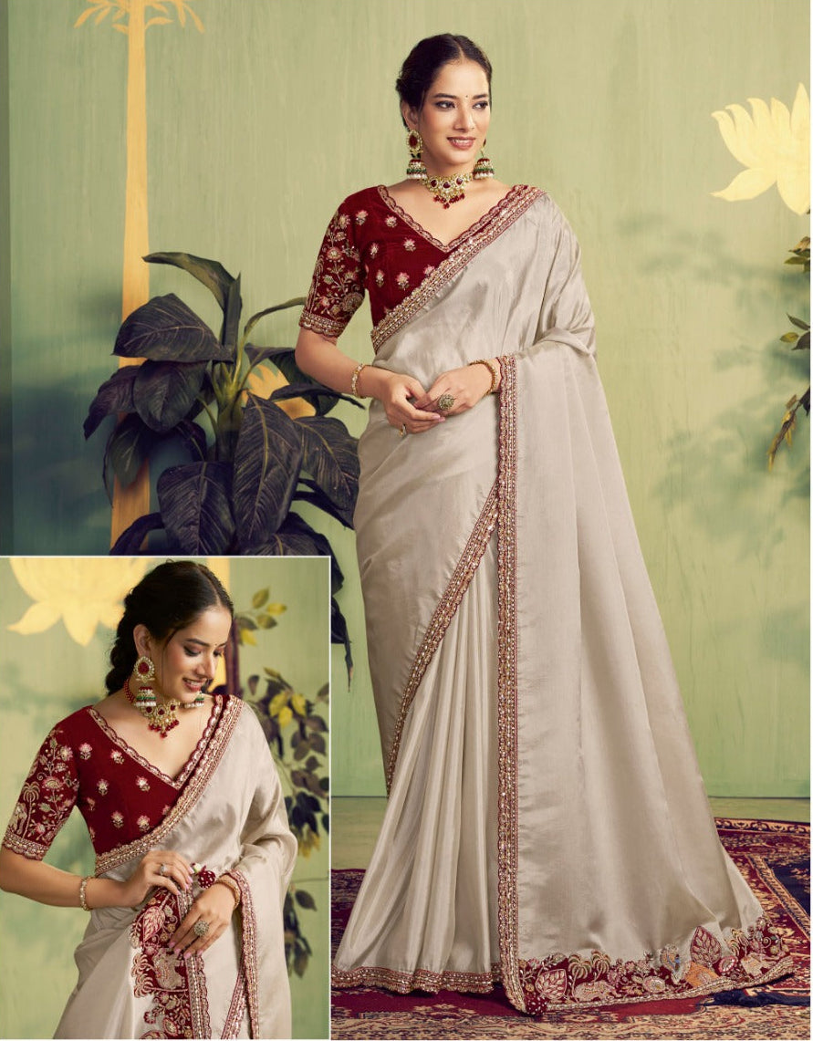 Classic silver maroon silk saree Main image