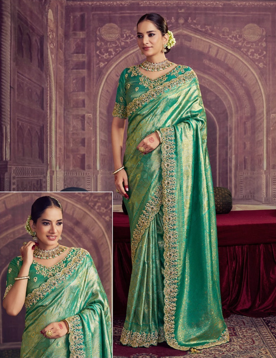 Green blue zari silk saree Main image
