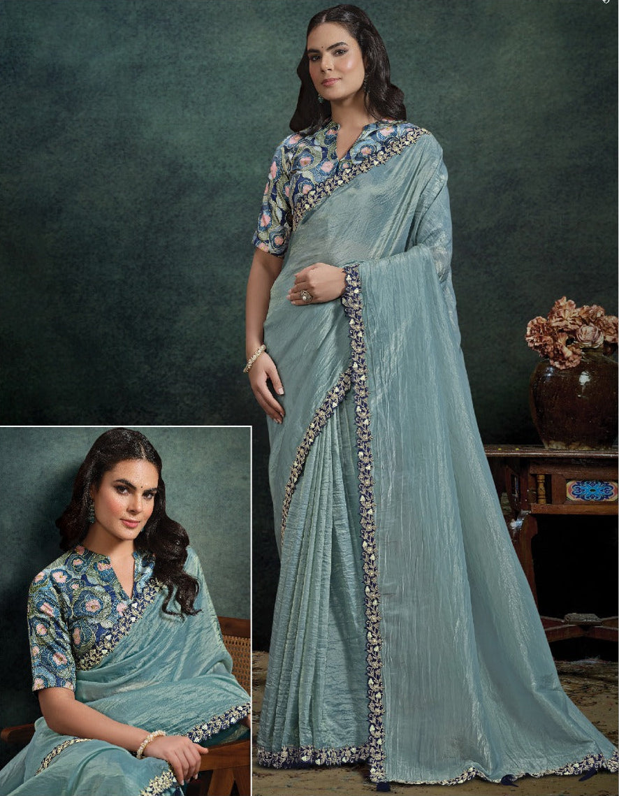 Haze blue silk pleat saree