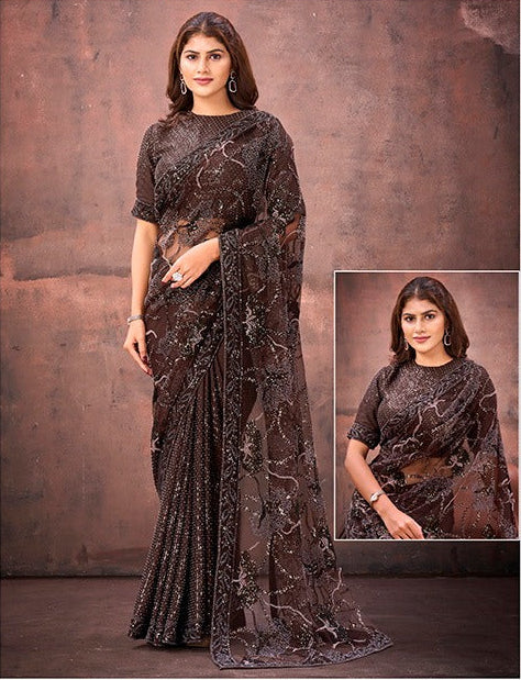 Coffee Brown Mono net saree Main image