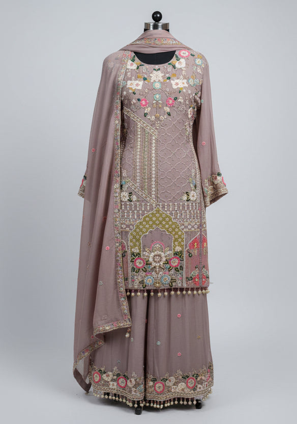 Buy Elegant Mauve Kurti Palazzo Set with Multicolor Thread Work for women