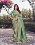 Sage Green Shimmer Silk Saree with Floral Hand-Embroidered Border