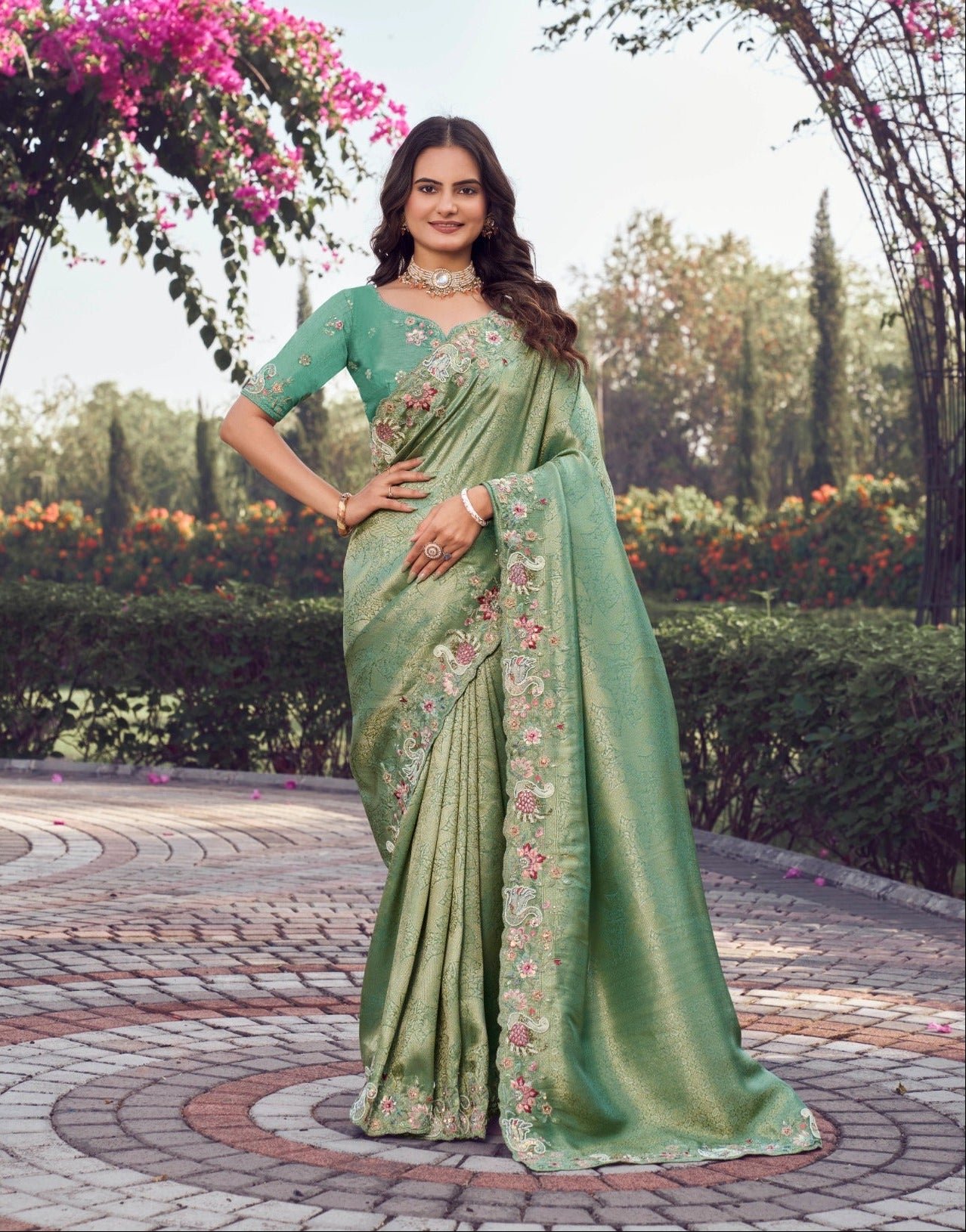 Sage Green Shimmer Silk Saree with Floral Hand-Embroidered Border