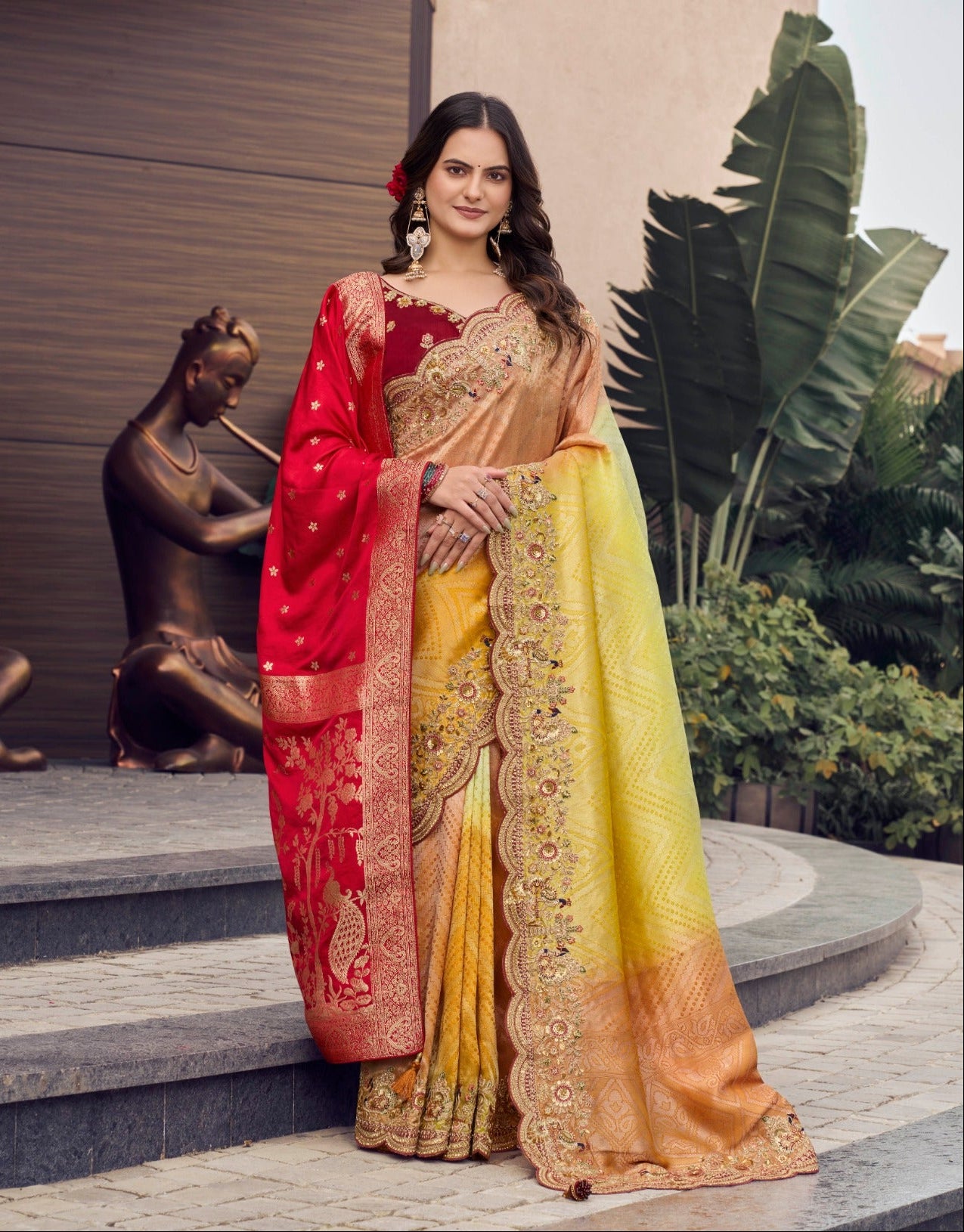 Yellow and Peach Ombré Silk Saree Main image