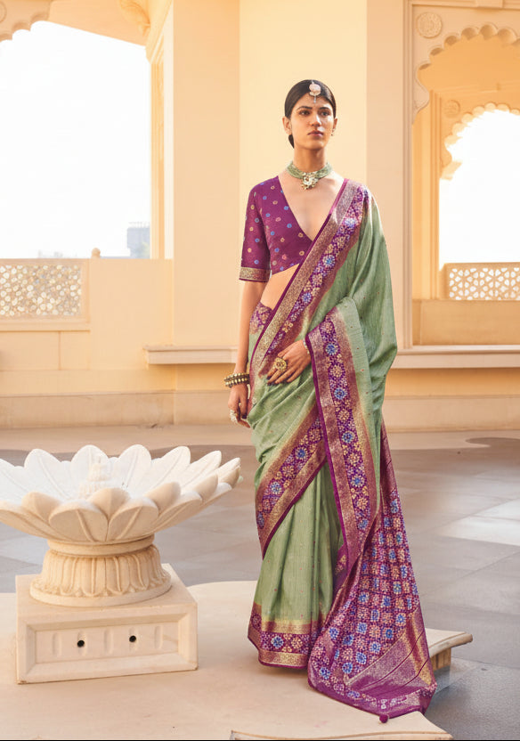 Elegant Sage Green Banarasi Silk Saree