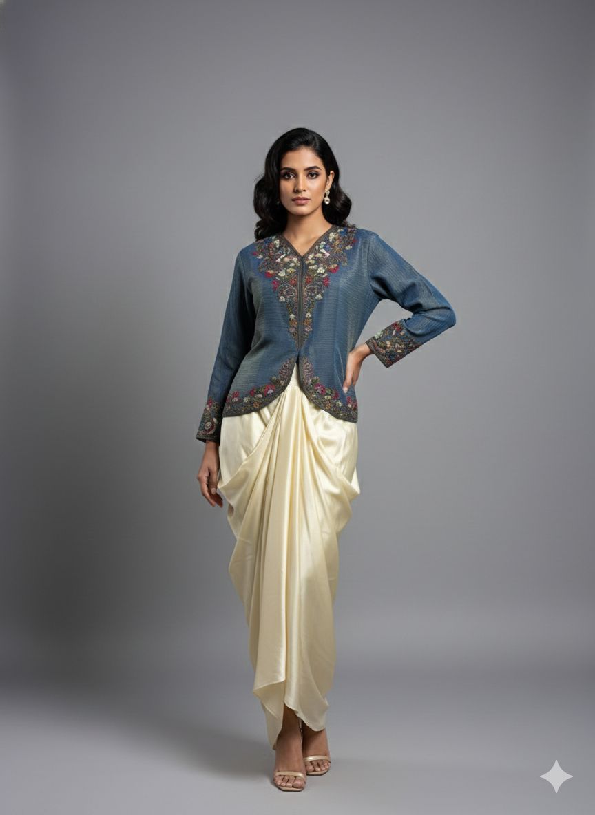 Buy Embroidered Indo-Western Peplum Tunic with Dhoti Skirt Fusion Outfit Main image