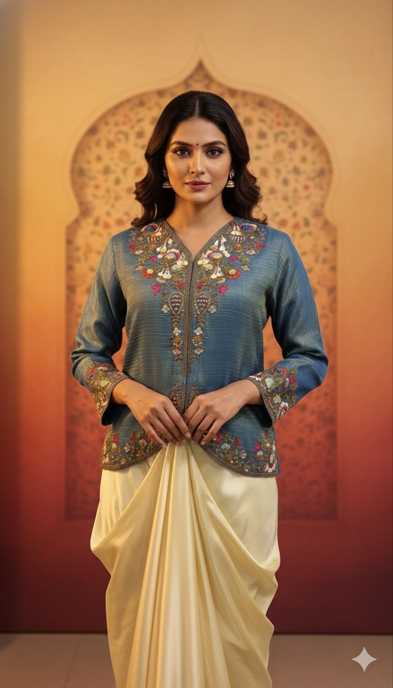 Embroidered Indo-Western Peplum Tunic with Dhoti Skirt Fusion Outfit Secondary image