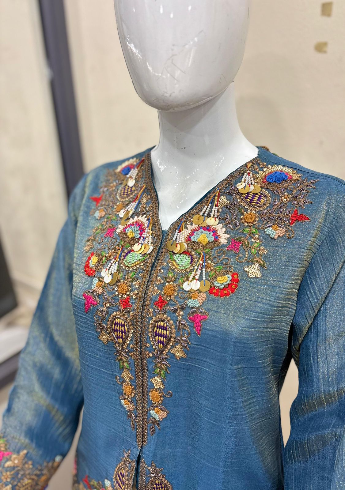 Order Embroidered Indo-Western Peplum Tunic with Dhoti Skirt Fusion Outfit