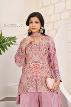 buy Ethnic Embroidered Mauve Peplum Kurti Set with Flared Palazzo online