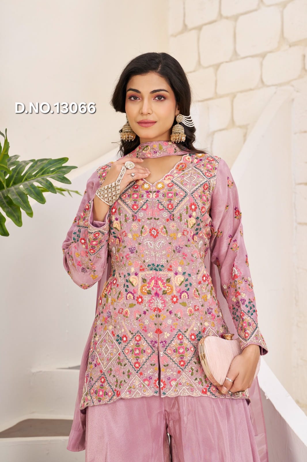 buy Ethnic Embroidered Mauve Peplum Kurti Set with Flared Palazzo online
