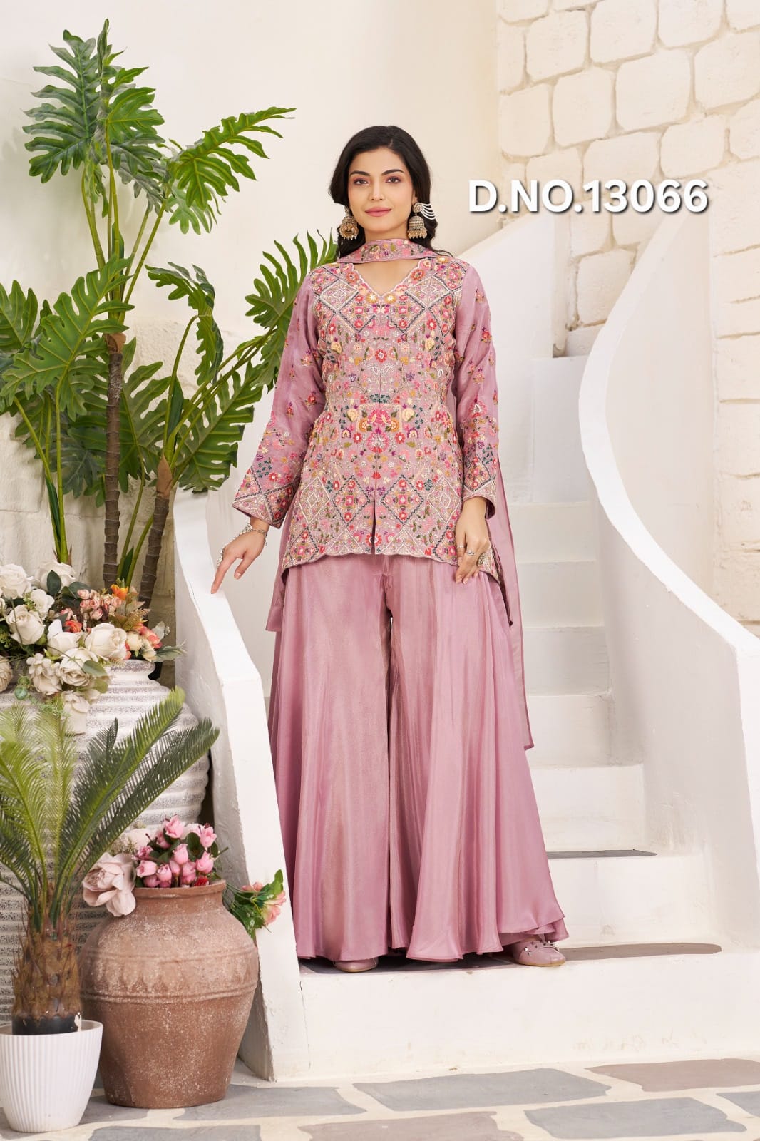 shop Ethnic Embroidered Mauve Peplum Kurti Set with Flared Palazzo for women