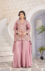 buy Ethnic Embroidered Mauve Peplum Kurti Set with Flared Palazzo