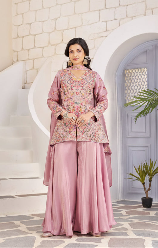 buy Ethnic Embroidered Mauve Peplum Kurti Set with Flared Palazzo