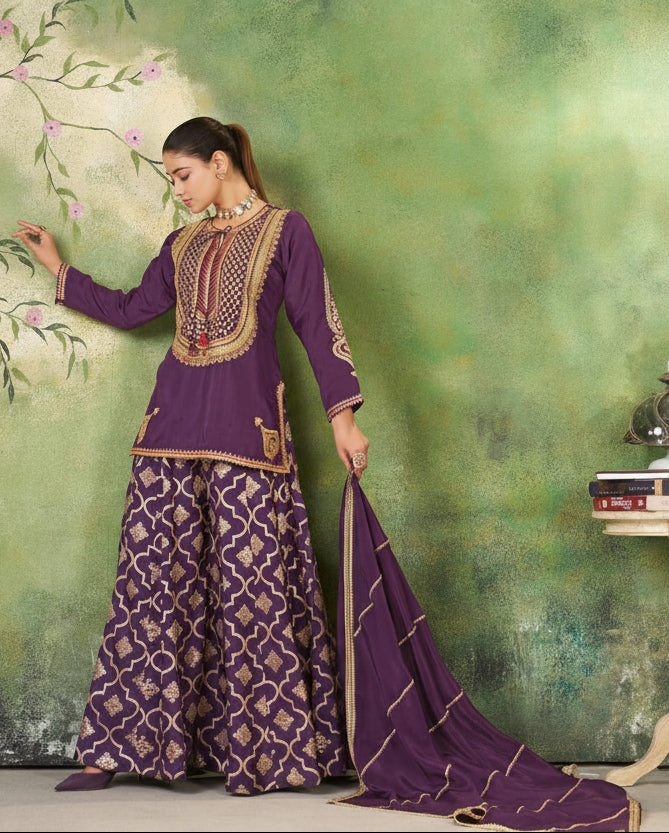 Royal purple silk-blend Kurti Set