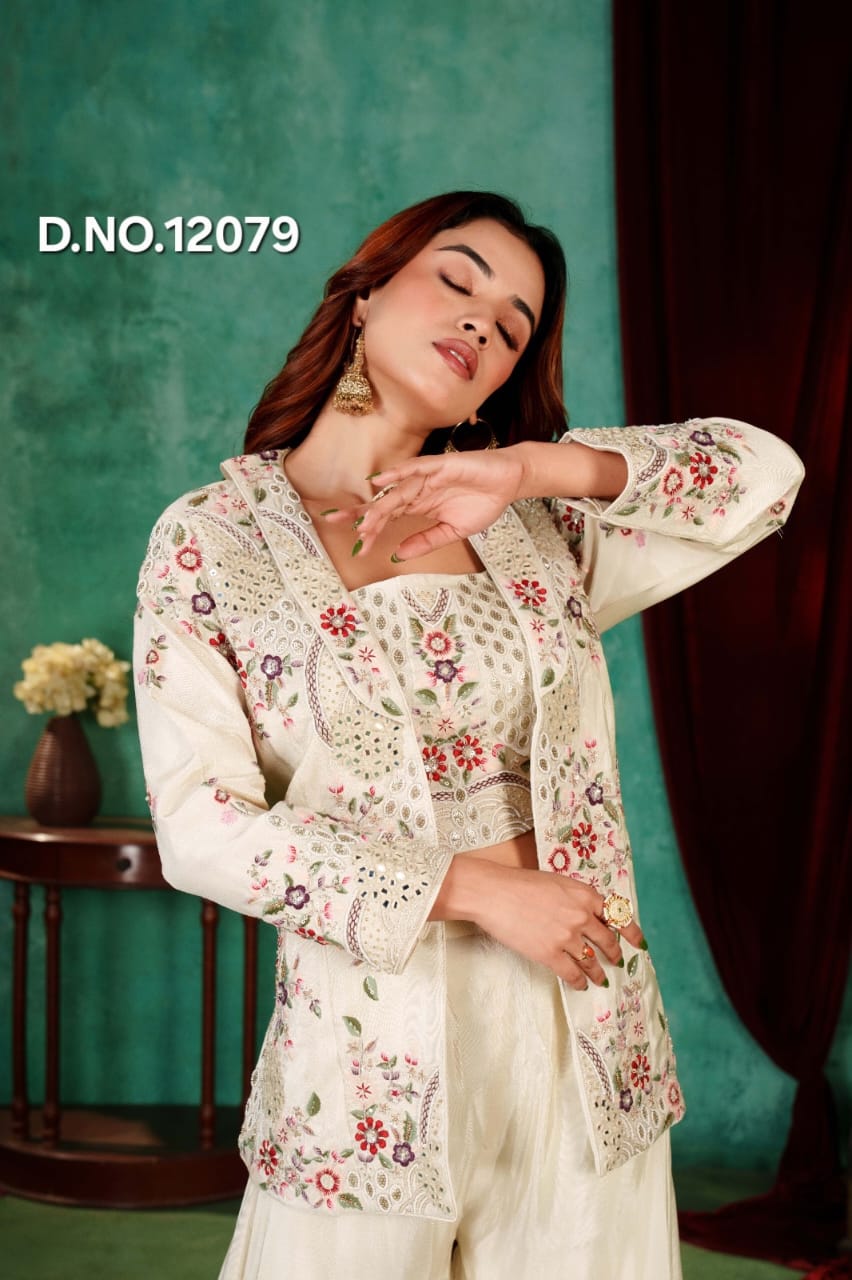 Ivory Floral Embroidered Three-Piece Indo-Western Fusion Set with Jacket Secondary image