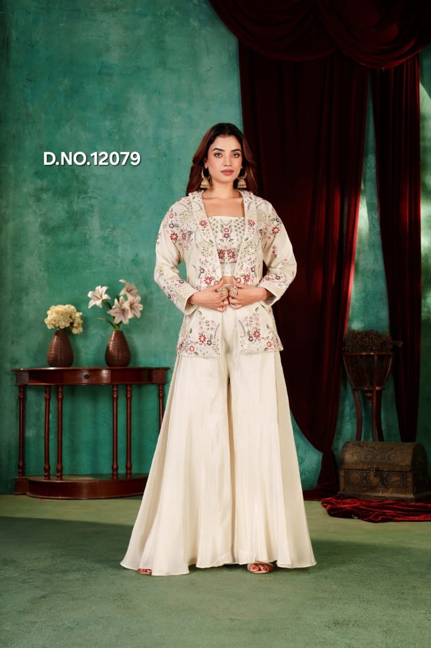 Shop Ivory Floral Embroidered Three-Piece Indo-Western Fusion Set Online