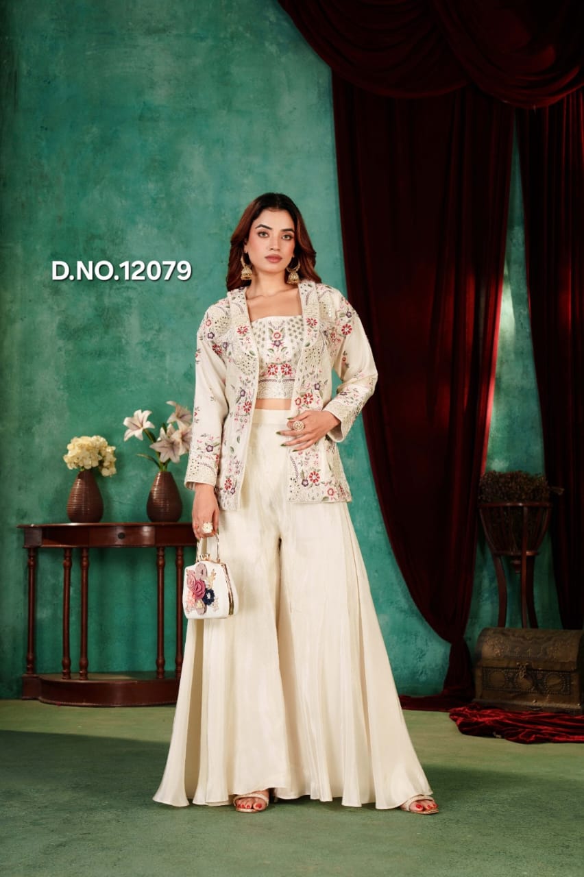 Buy Ivory Floral Embroidered Three-Piece Indo-Western Fusion Set Main image