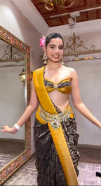 Charcoal Grey & Mustard Banarasi Silk Saree