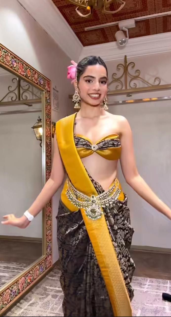 Charcoal Grey & Mustard Banarasi Silk Saree