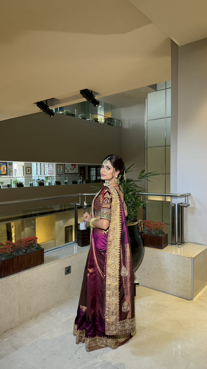 Royal Wine Purple Silk Saree with Heavy Zari Border Secondary image