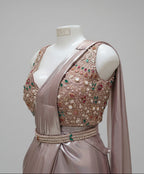 Shop Metallic Ready-to-Wear Mauve Pre-Stitched Drape Saree with Corset Blouse