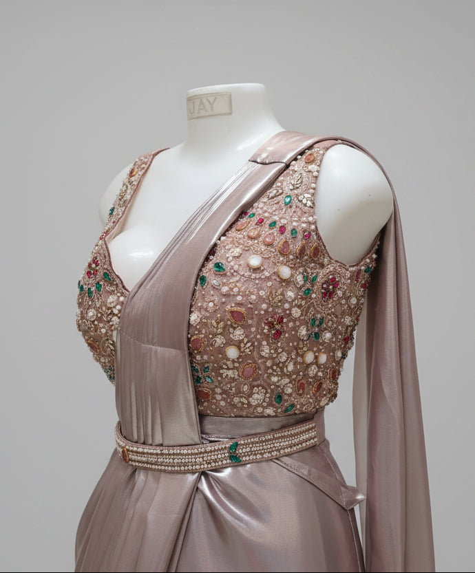 Shop Metallic Ready-to-Wear Mauve Pre-Stitched Drape Saree with Corset Blouse