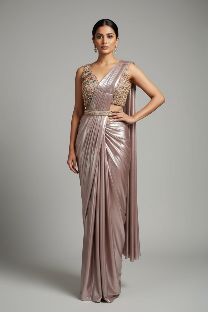 Buy Metallic Ready-to-Wear Mauve Pre-Stitched Drape Saree with Corset Blouse Main image