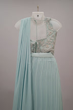 Order Sky Blue Pre-Stitched Saree with Scalloped Pallu at Best Price