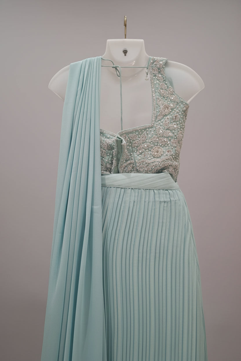 Order Sky Blue Pre-Stitched Saree with Scalloped Pallu at Best Price