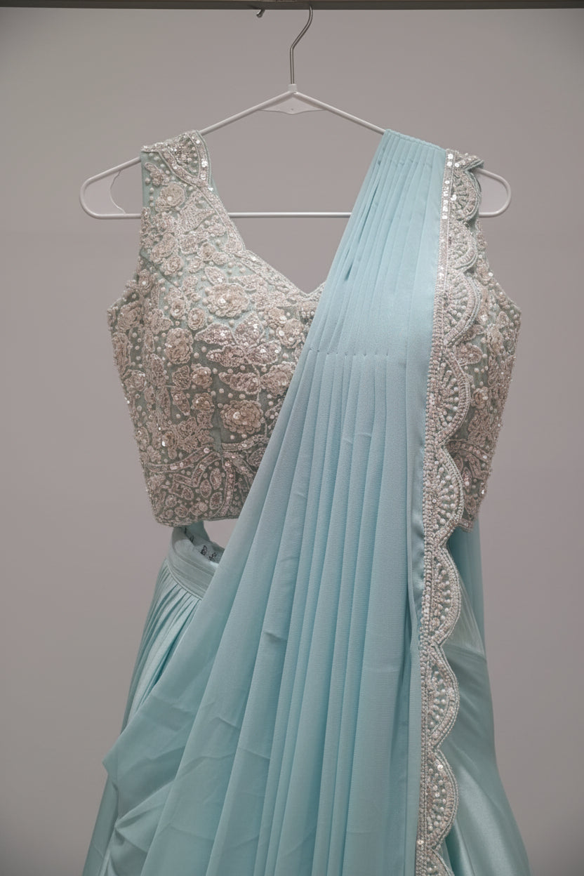 Shop Sky Blue Pre-Stitched Saree with Scalloped Pallu at Best Price