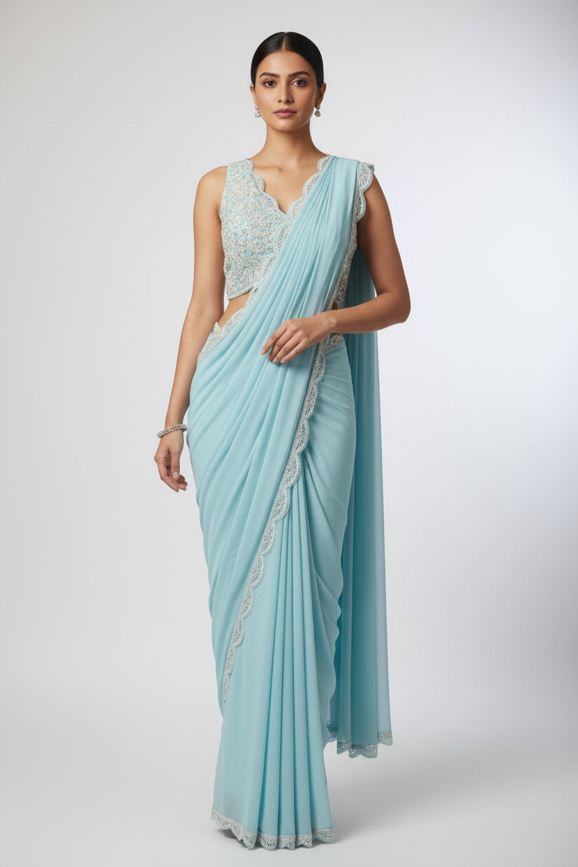 Buy Sky Blue Pre-Stitched Saree with Scalloped Pallu at Best Price Main image