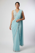 Buy Sky Blue Pre-Stitched Saree with Scalloped Pallu at Best Price