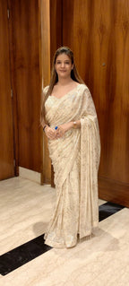 Ivory Glamour Sequin Saree with Designer Ready-Made Blouse