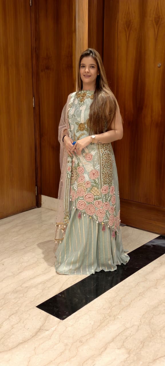 Buy Graceful Mint Green Ethnic Sharara Suit with Hand Floral Embroidery for Women Online