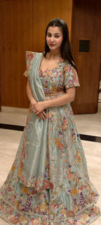 Mint Blue Floral Embroidered Designer Lehenga with Floral Thread Work