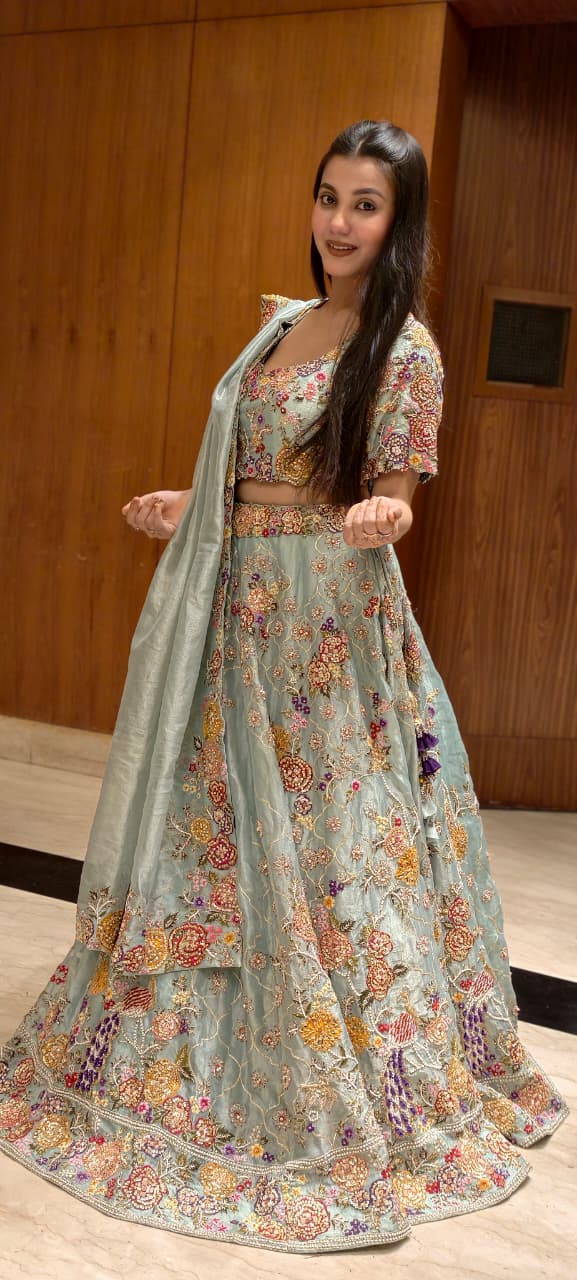 Mint Blue Designer Lehenga with Floral Thread Work Secondary image