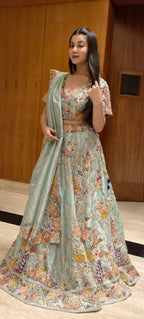 Buy Mint Blue Floral Embroidered Designer Lehenga with Floral Thread Work for women