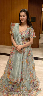 Shop Mint Blue Floral Embroidered Designer Lehenga with Floral Thread Work for women