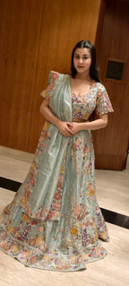 Order Mint Blue Floral Embroidered Designer Lehenga with Floral Thread Work for women