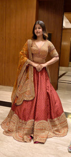 Shop Maroon Bandhani Lehenga with Heavy Embroidery Dupatta