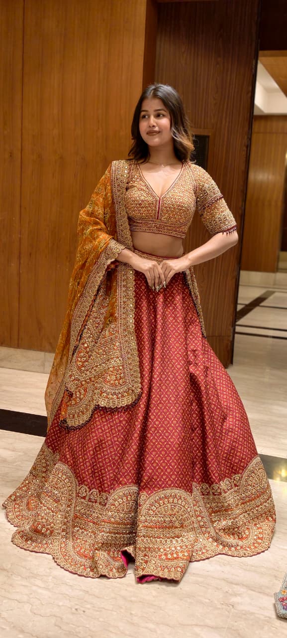 Shop Maroon Bandhani Lehenga with Heavy Embroidery Dupatta